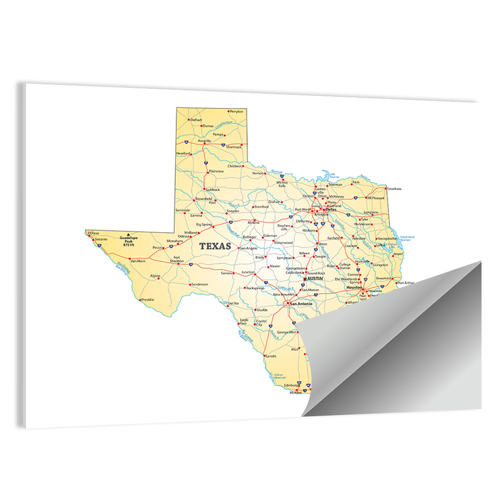 Texas Road Map Illustration Wall Art