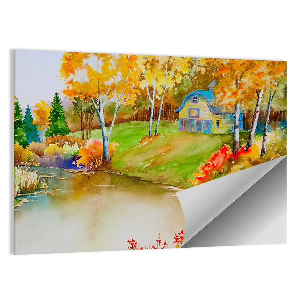 Golden Autumn Pond Landscape Wall Art