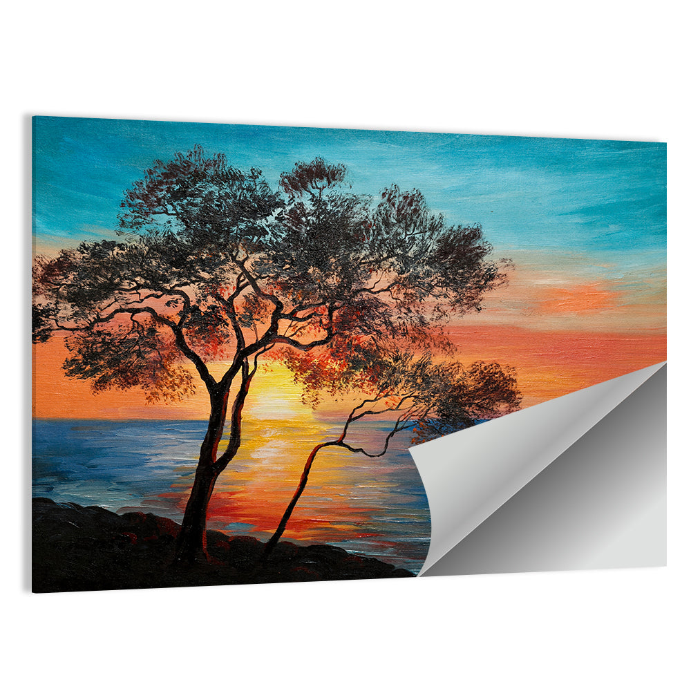 Lake Sunset with Twin Tree Silhouettes Wall Art
