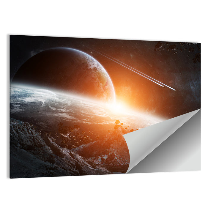 Gigantic Asteroids Over Ringed Planet Wall Art as a poster print