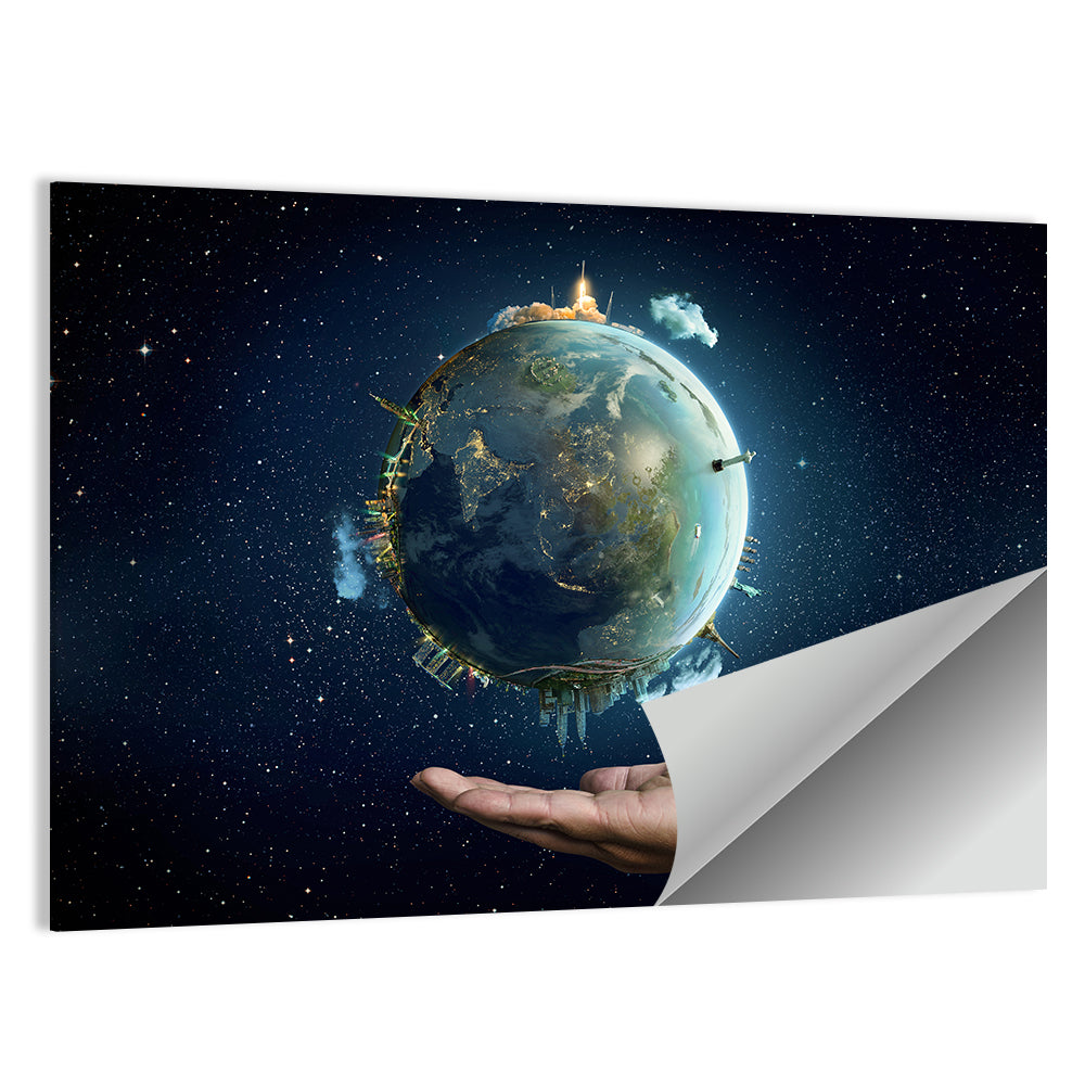 Earth Cradled in Palm with City Lights Wall Art