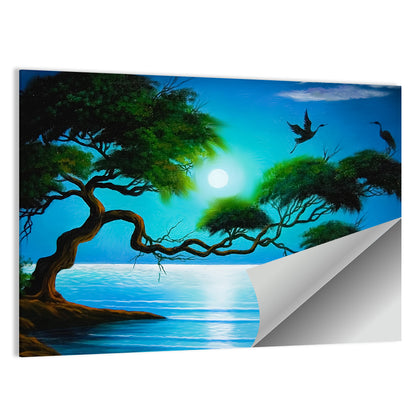 Moonlit Coastal Tree with Storks Wall Art