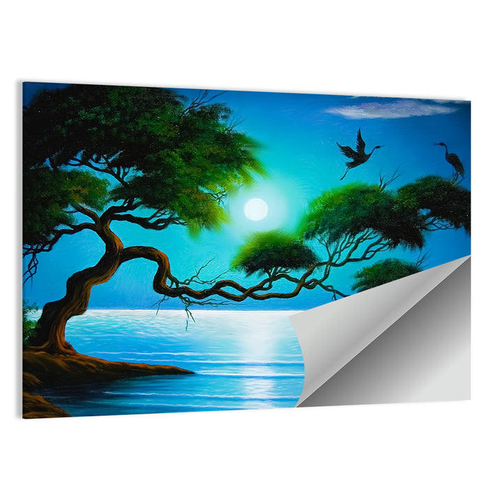Moonlit Coastal Tree with Storks Wall Art as a poster print