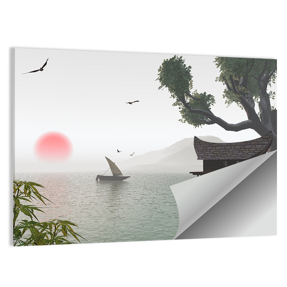 Red Sun Over Japanese Lake Wall Art