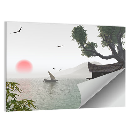 Red Sun Over Japanese Lake Wall Art