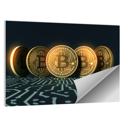 Five Golden Bitcoins on Circuit Board Wall Art