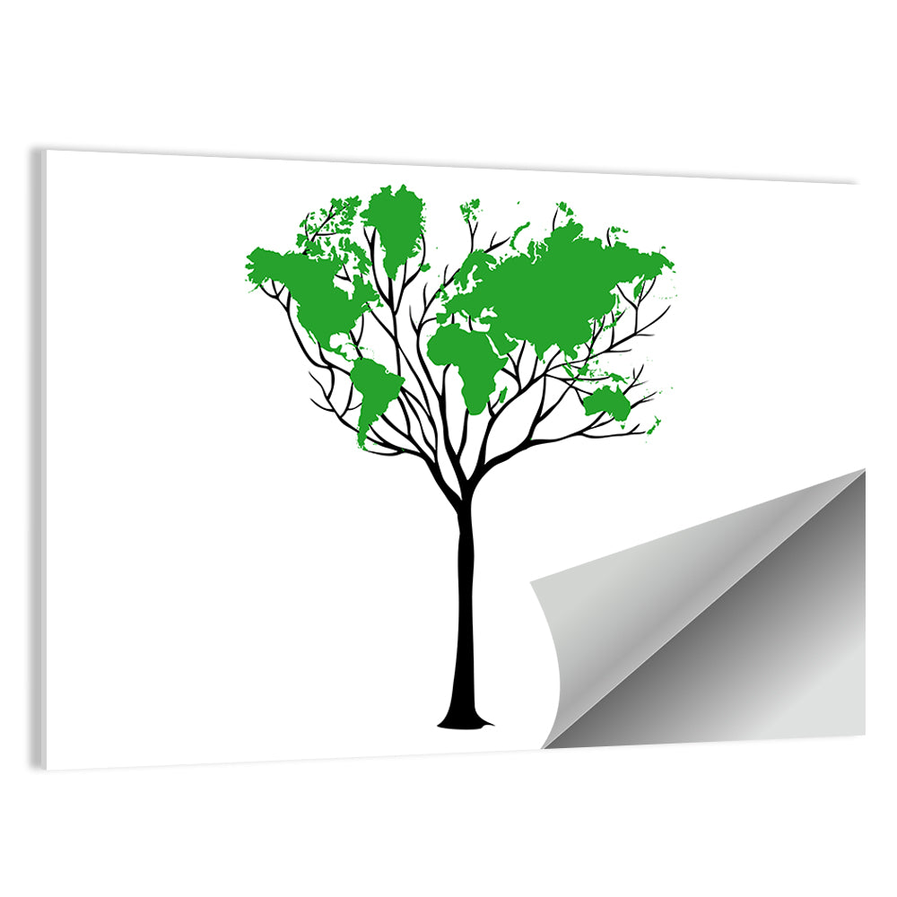 World Map Tree with Green Canopy Wall Art