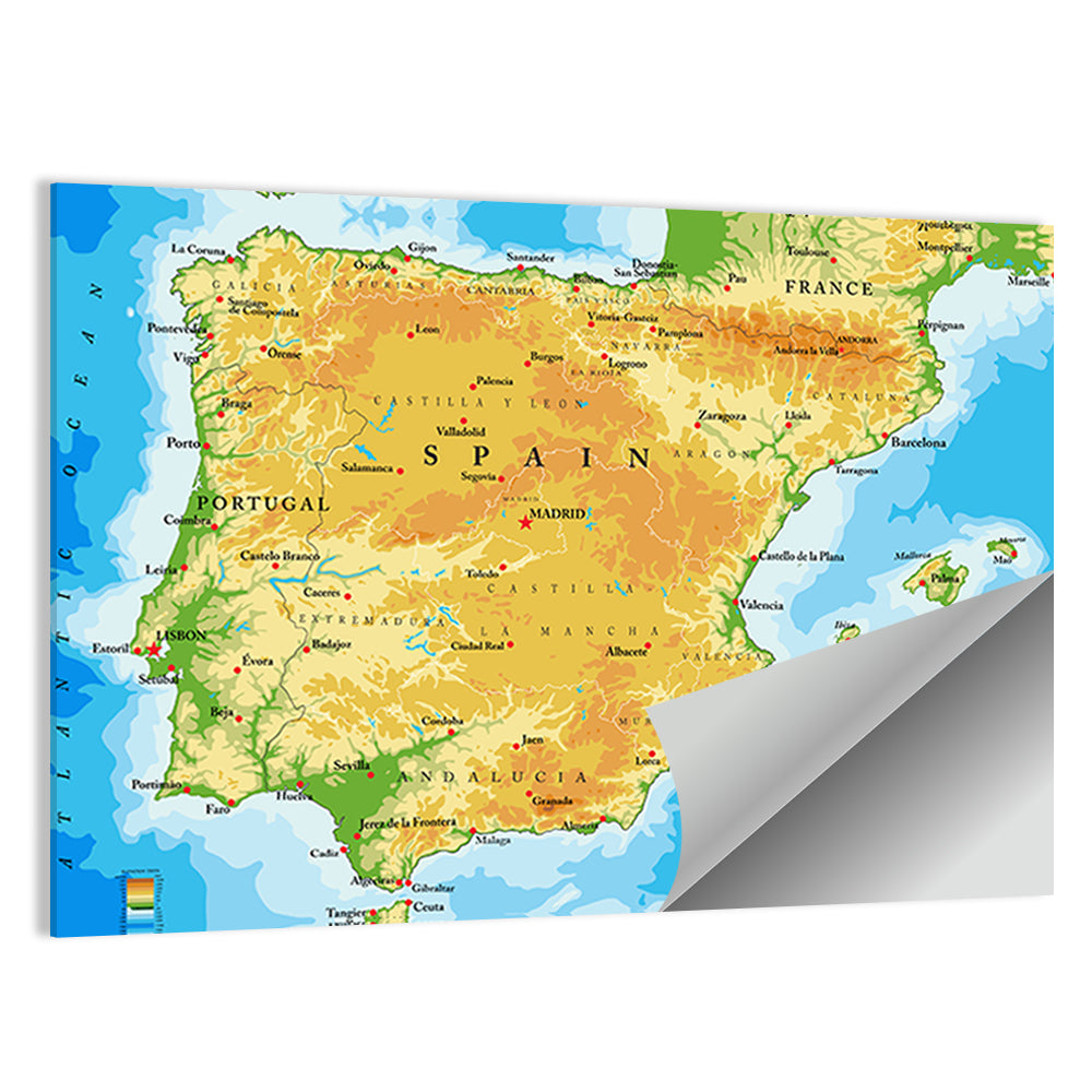 Iberian Peninsula Physical Map Wall Art