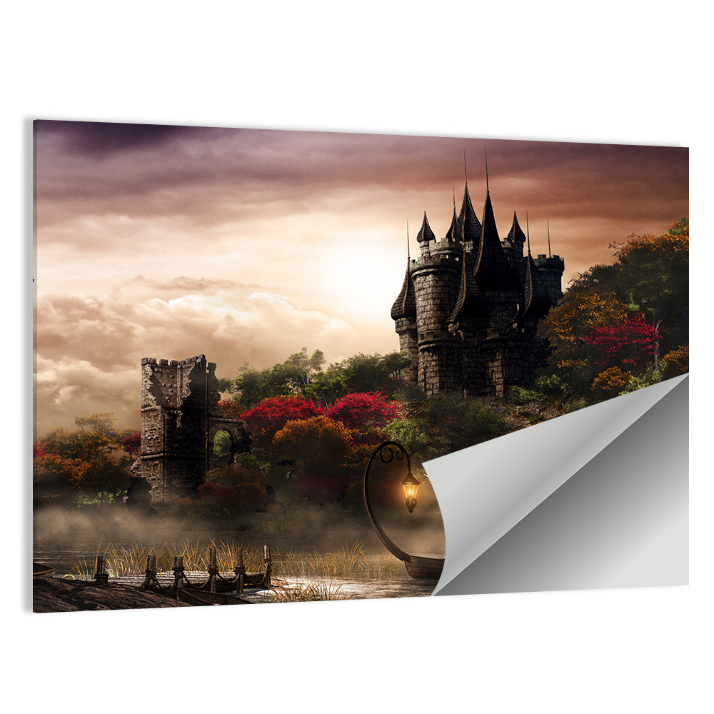 Castle Over Misty Lake at Dusk Wall Art