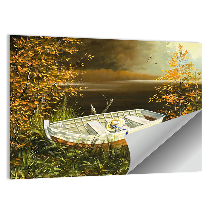 Boat with Straw Hat on Lake Bank Wall Art as a poster print