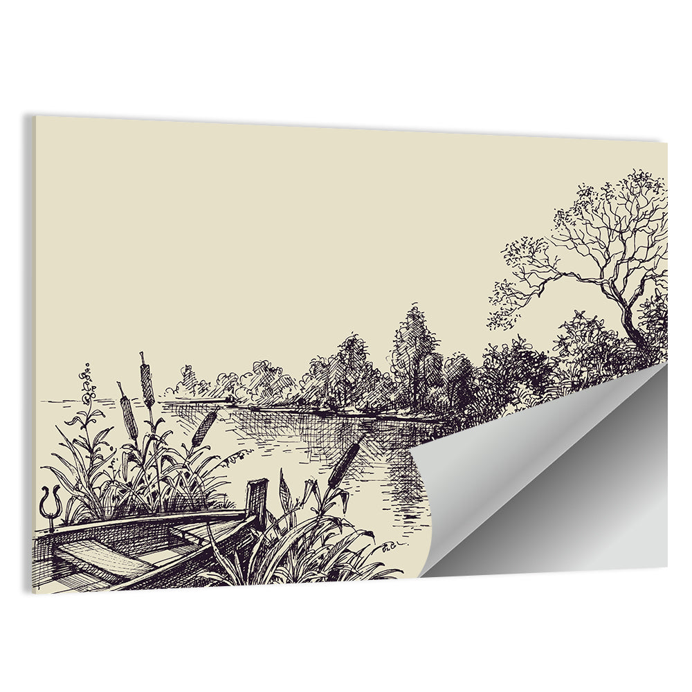 Ink Sketch Rowboat on Lake Wall Art