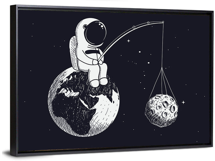 Little Astronaut Fishing the Moon Wall Art as a framed canvas