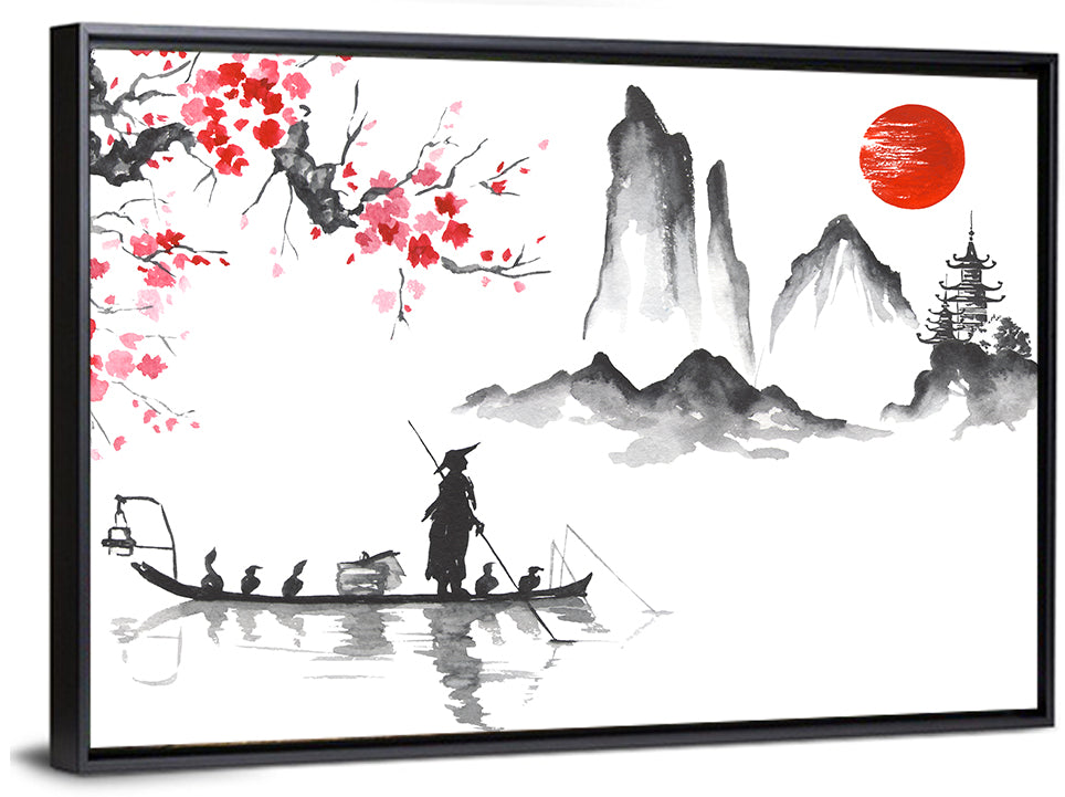 Ink Wash Fishing Boat with Red Sun Wall Art