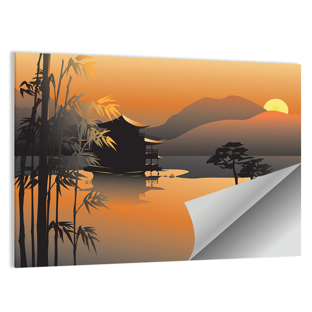 Sunset Over Asian Lake Illustration Wall Art