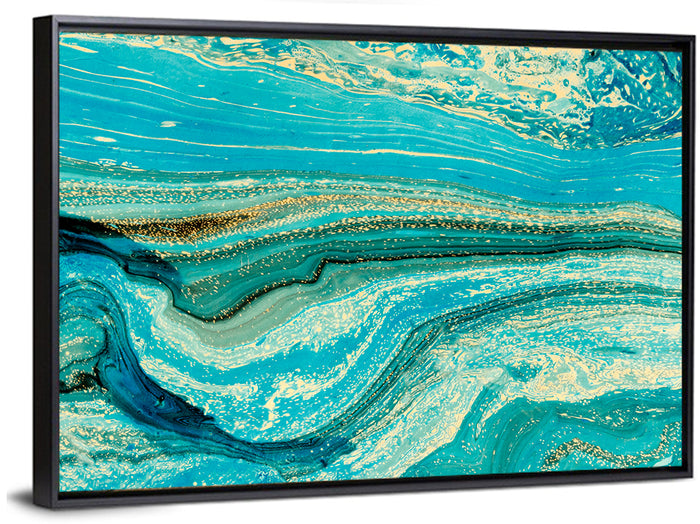 Teal Marble Waves Wall Art as a framed canvas