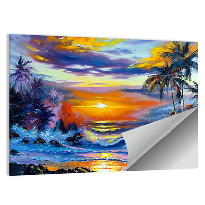 Evening Coastal Sunset with Palm Silhouettes Wall Art