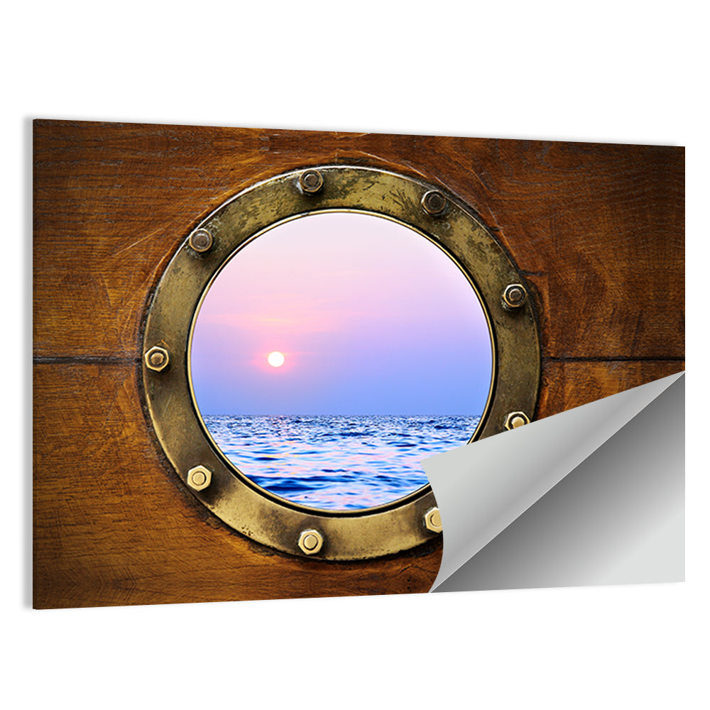 Brass Porthole with Sunset Horizon Wall Art
