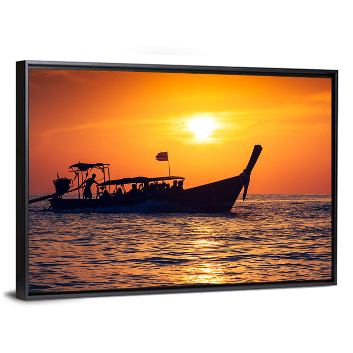 Longtail Boat at Sunset Wall Art as a framed canvas