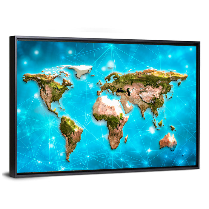 Geometric World Map Illustration Wall Art as a framed canvas