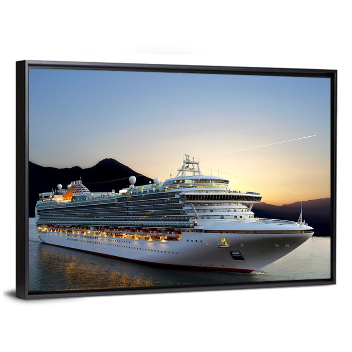Cruise Ship at Sunset Wall Art as a framed canvas