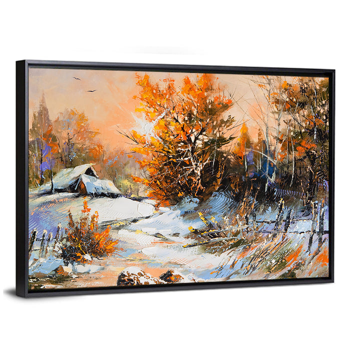 Snowy Cottage at Golden Hour Wall Art as a framed canvas