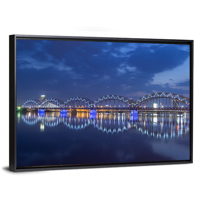 Riga Railway Bridge at Night Wall Art as a framed canvas