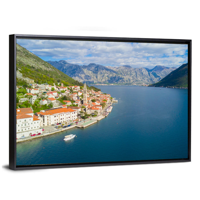 Perast Aerial Coastal View Wall Art as a framed canvas