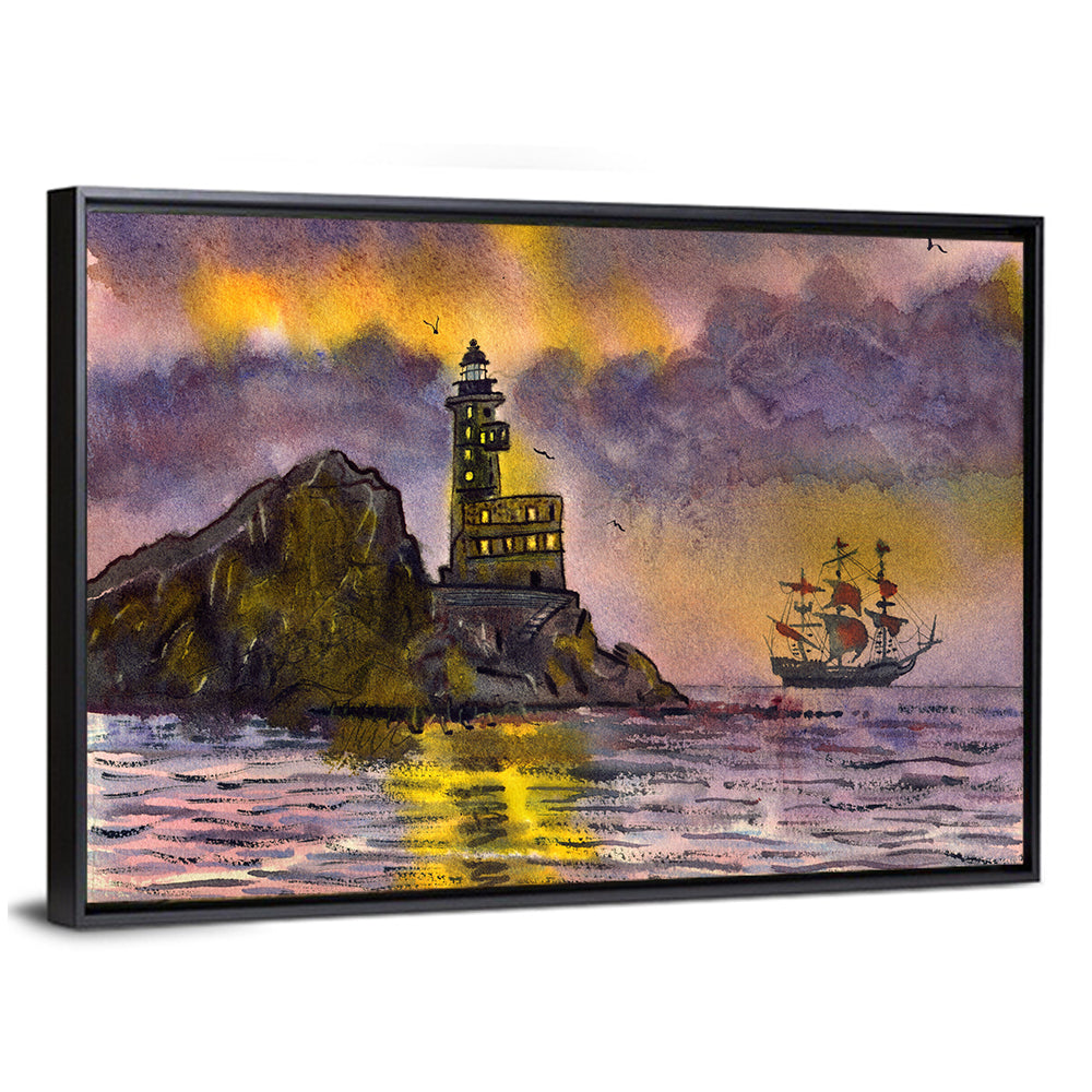 Lighthouse and Sailing Ship at Dusk Wall Art