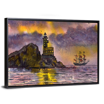 Lighthouse and Sailing Ship at Dusk Wall Art