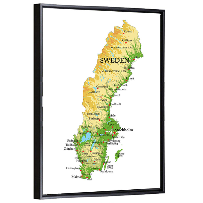 Sweden Relief Map Wall Art as a framed canvas