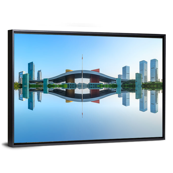 Shenzhen Civic Center at Sunrise Wall Art as a framed canvas