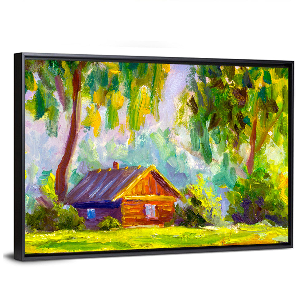 Impressionist Log Cabin in Green Forest Wall Art