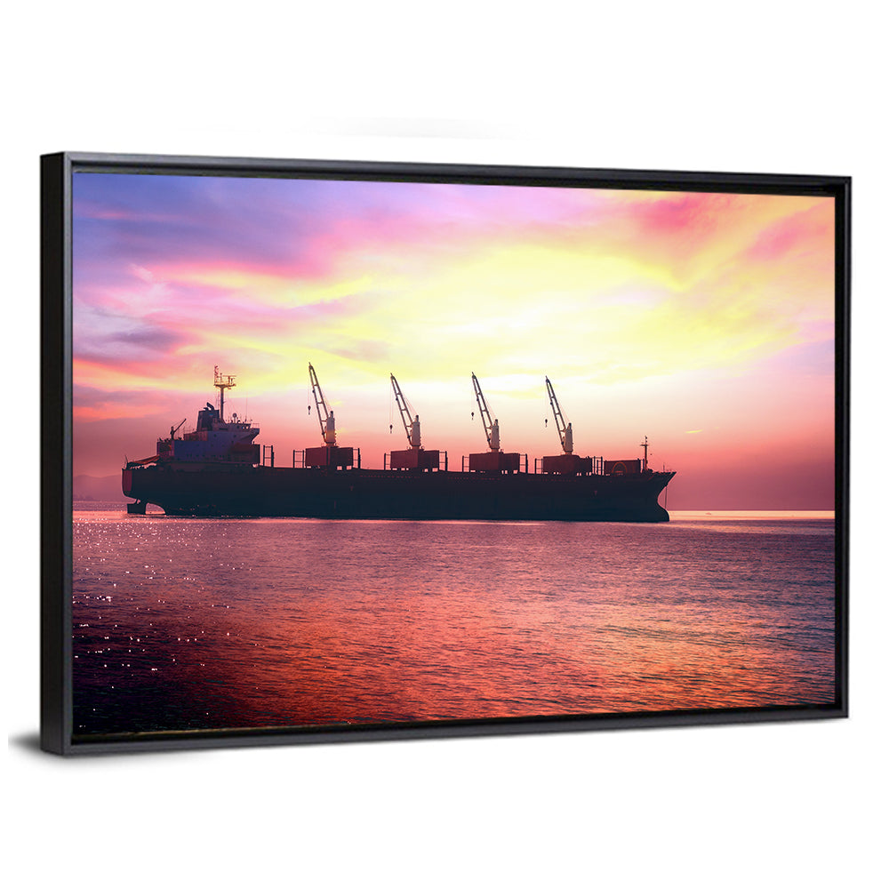 Sunset Cargo Ship Silhouette Wall Art