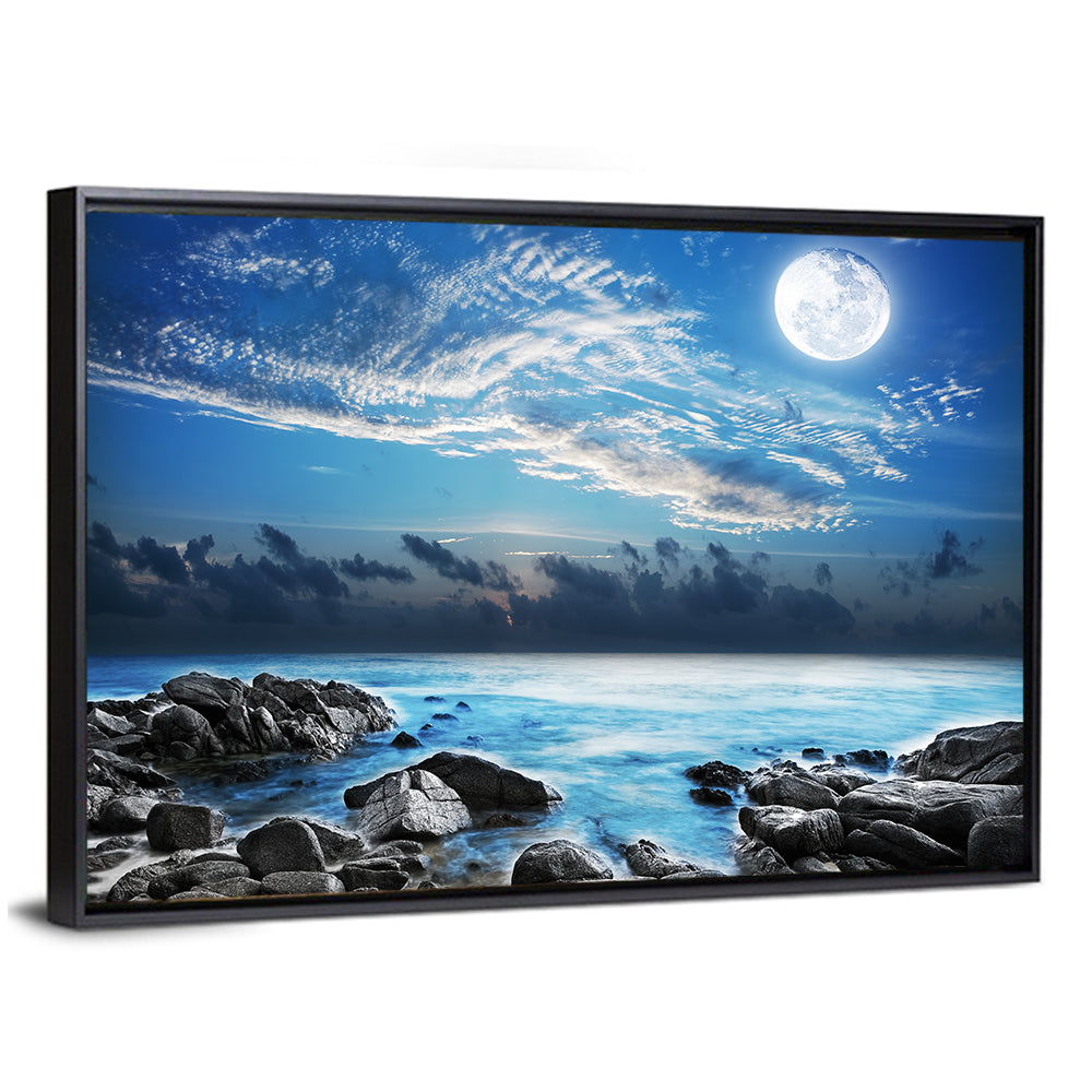 Moonlit Tropical Bay with Rocky Coast Wall Art