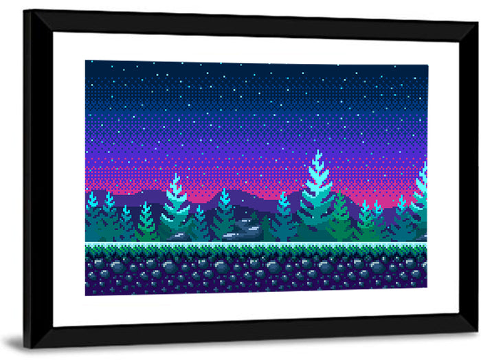 Starlit Pixel Forest Wall Art as a framed print