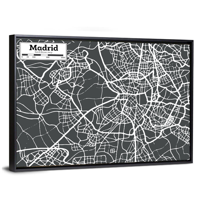 Madrid City Map Wall Art as a framed canvas