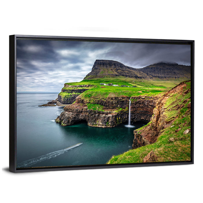 Múlafossur Waterfall, Gásadalur Wall Art as a framed canvas