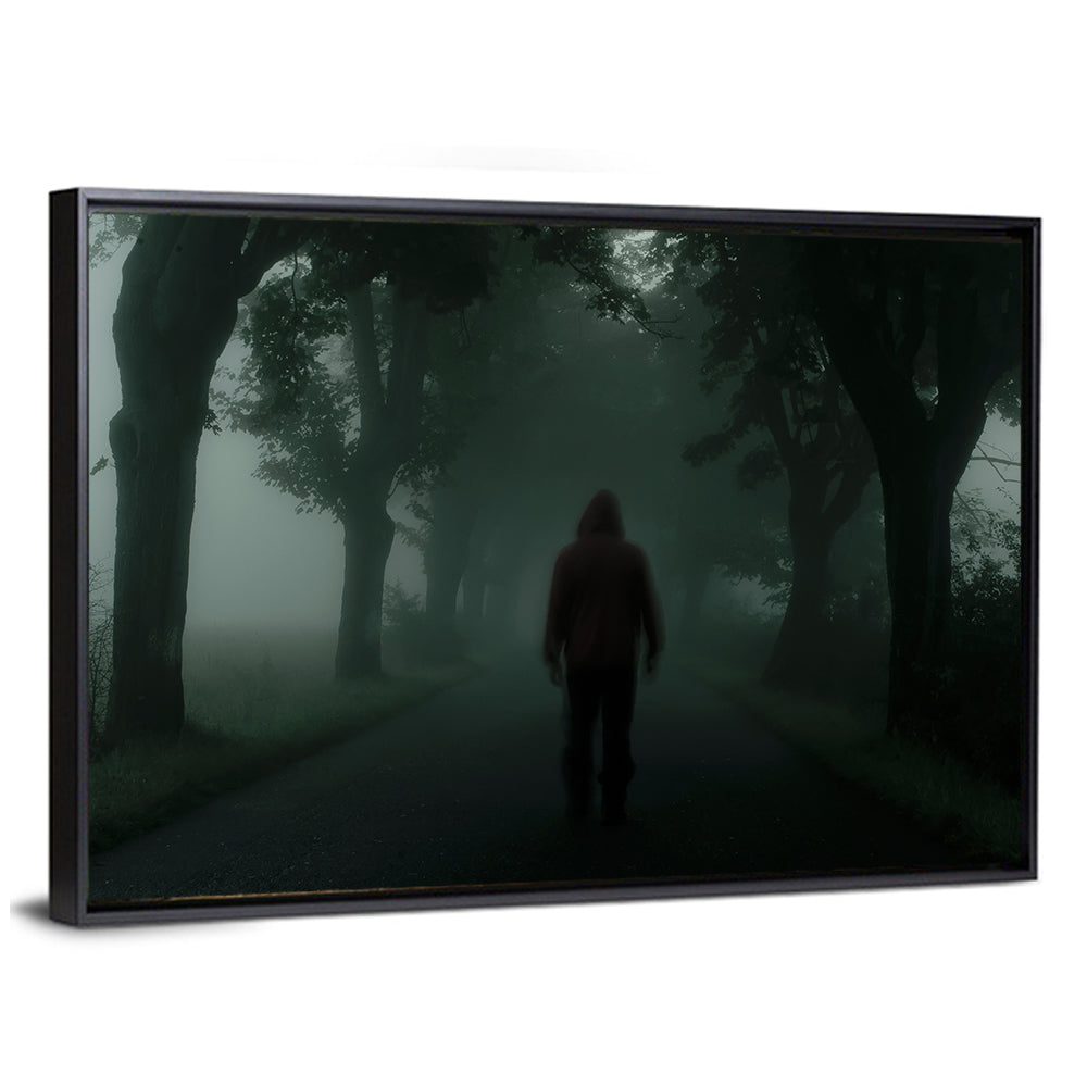 Hooded Silhouette on Foggy Forest Road Wall Art
