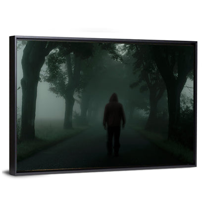Hooded Silhouette on Foggy Forest Road Wall Art