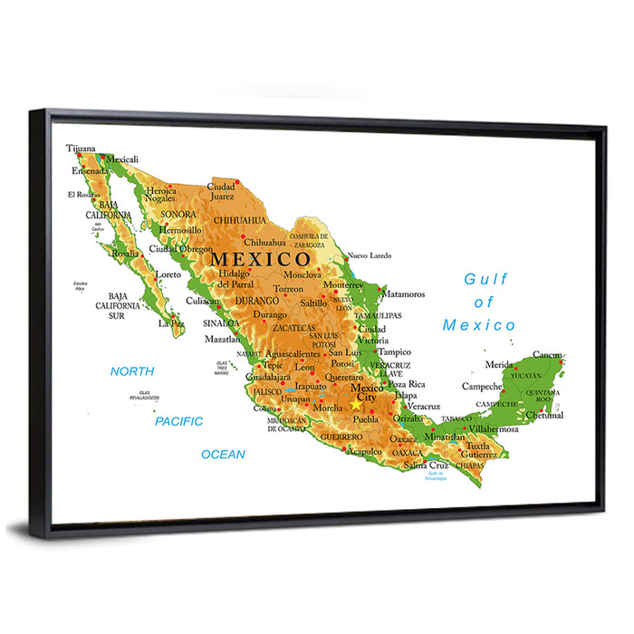 Mexico Physical Map Wall Art as a framed canvas
