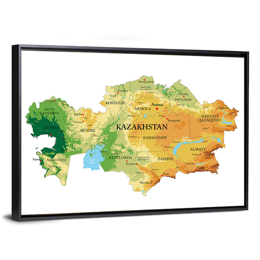 Kazakhstan Relief Map, Color-coded Terrain Wall Art