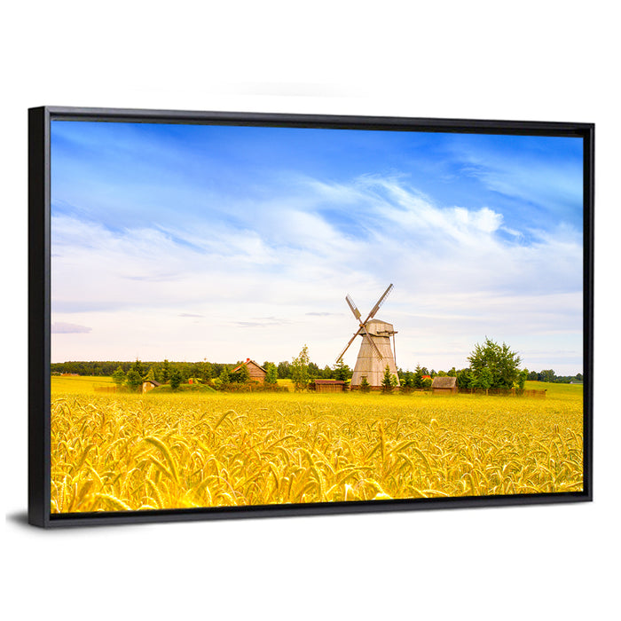 Dudutki Windmill in Golden Fields Wall Art as a framed canvas