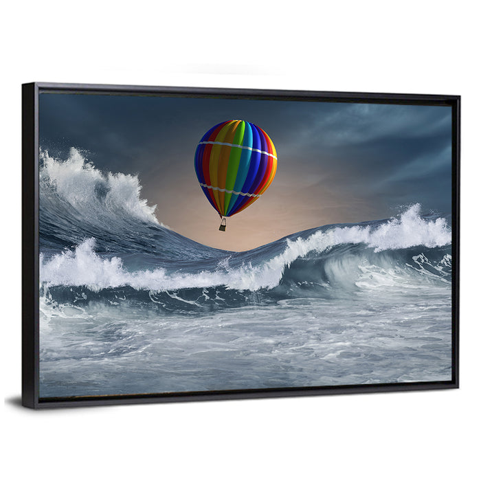 Hot Air Balloon Above Stormy Sea Wall Art as a framed canvas
