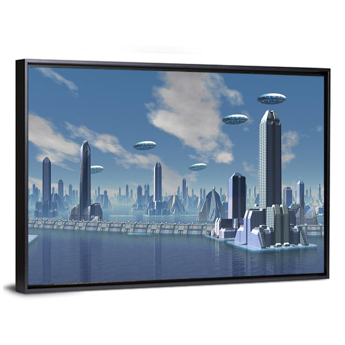 Futuristic Alien City with Ufos Wall Art as a framed canvas