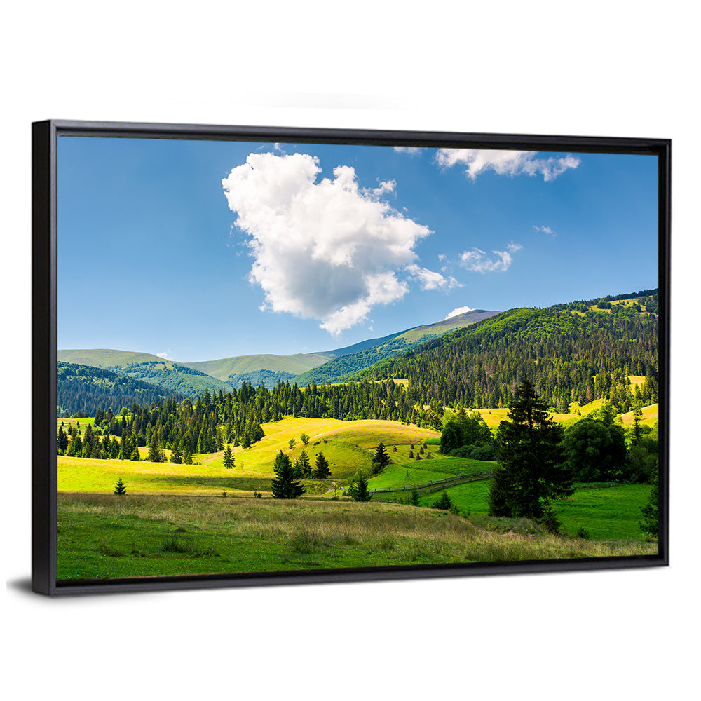 Sunlit Haystacks on Rolling Grassy Hills Wall Art