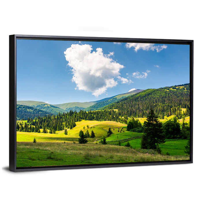 Sunlit Haystacks on Rolling Grassy Hills Wall Art as a framed canvas