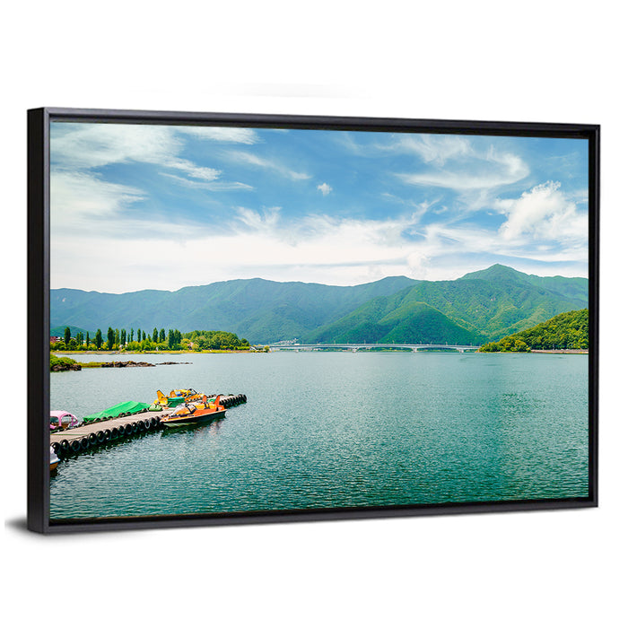 Lake Kawaguchi Mountain View Wall Art as a framed canvas