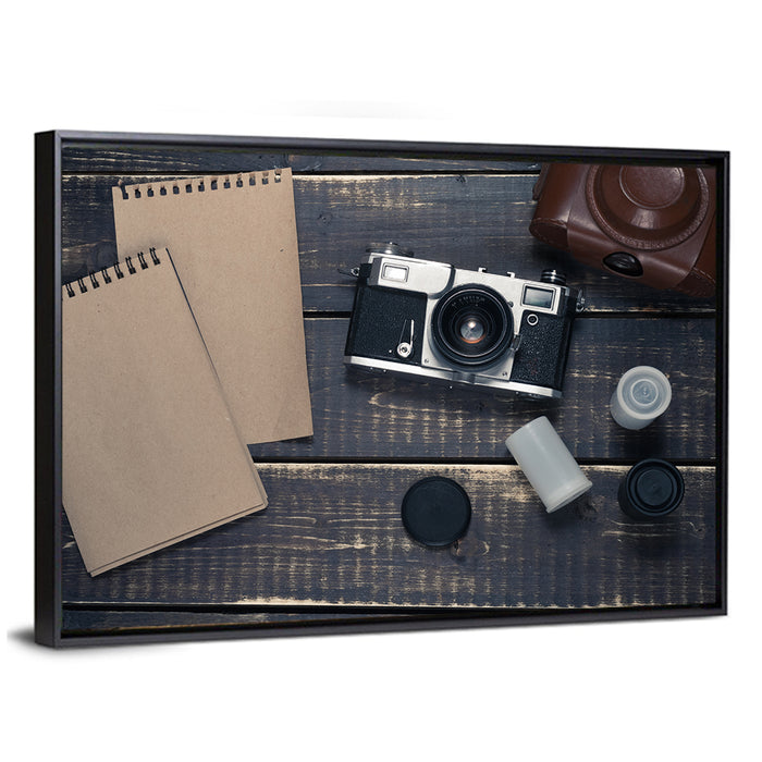 Vintage Rangefinder Camera Still Life Wall Art as a framed canvas