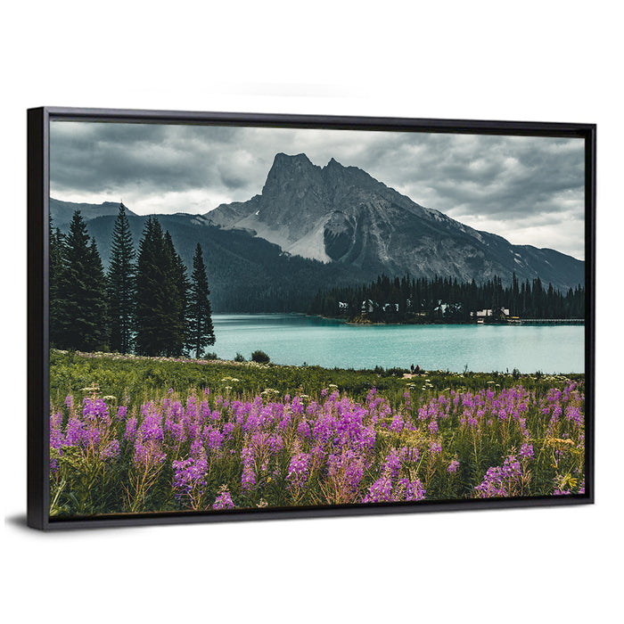 Emerald Lake with Fireweed Wall Art as a framed canvas