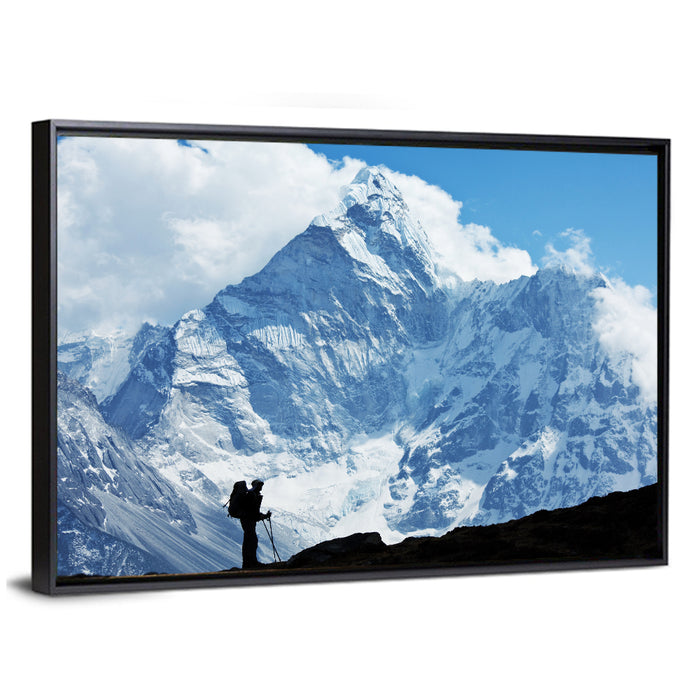 Hiker in Everest Region Wall Art as a framed canvas